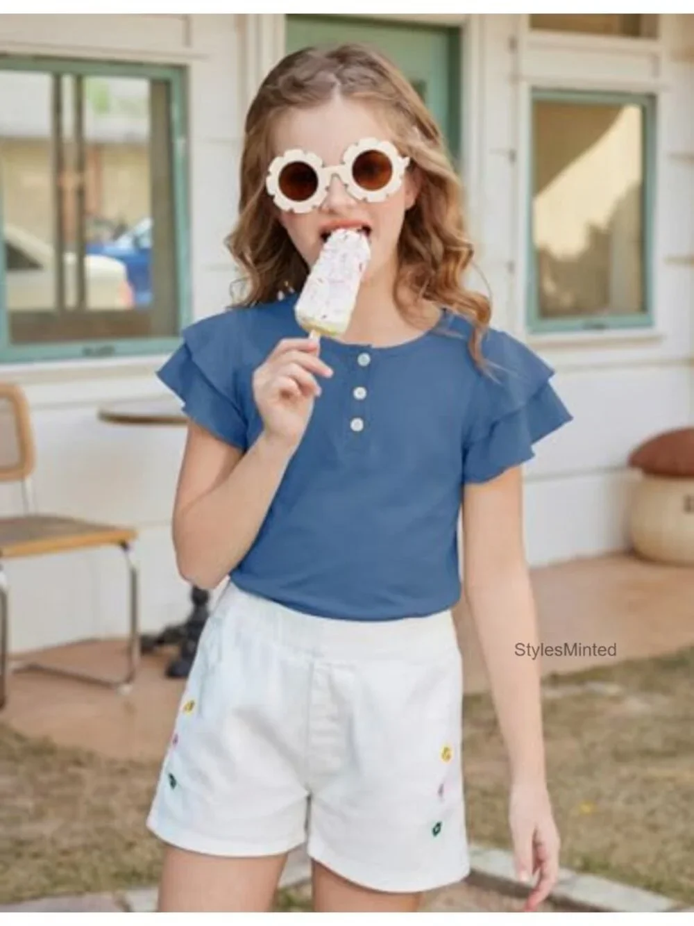 Girls Ruffle Sleeve Button Down Shirt & Shorts 2 Piece Summer Outfit Set